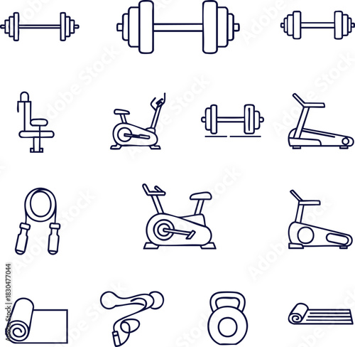 Fitness equipment line art for gym promotions, wellness blogs, and health articles - achieve your fitness goals with these essential icons