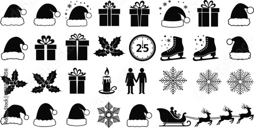 Christmas icons collection with Santa hats, gifts, holly leaves, snowflakes, ice skates, candle, sleigh, and reindeer festive vector