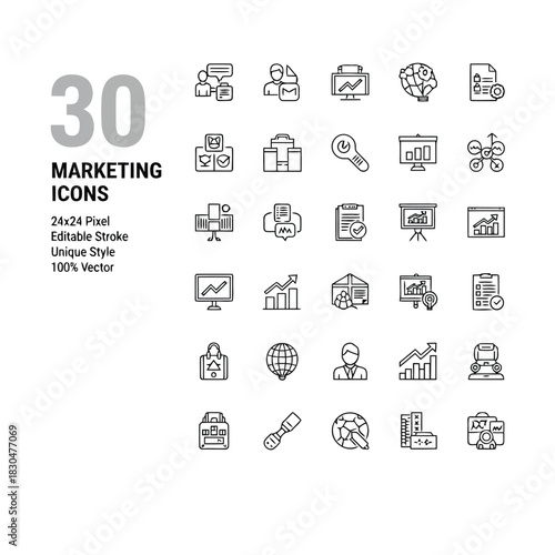 Vector illustration of collection of 30 marketing icons, perfect for presentations, websites, and marketing materials, vector based and fully scalable