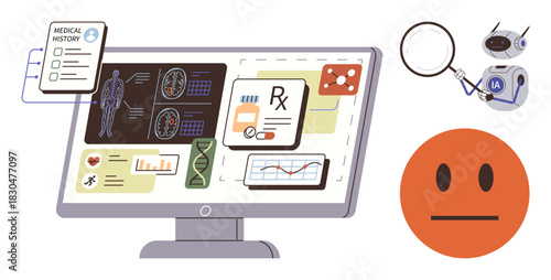 Computer screen showing health data, medical history, prescriptions, molecular studies, DNA analysis AI robot analyzing findings. Ideal for technology, healthcare, diagnostics, research data