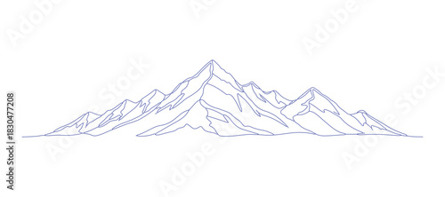 A continuous line sketch of a mountain landscape silhouette. This web banner showcases the mountain ridges in a simple linear style. It's an isolated concept for winter sports adventures.