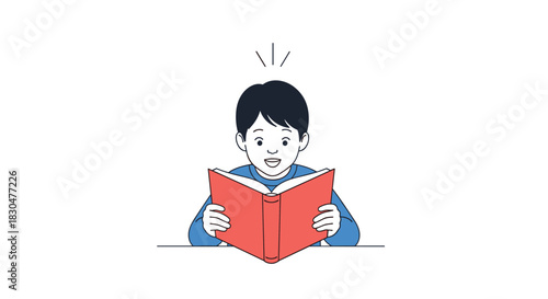 A happy young boy, engrossed in reading a red book, has an exciting idea or a moment of joyful understanding.