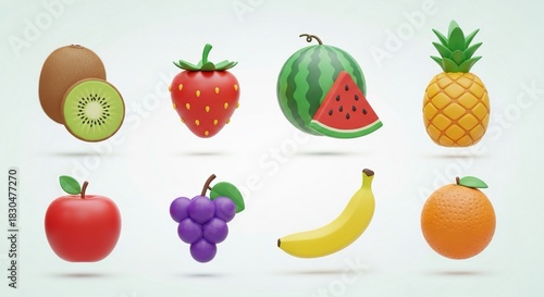 Vibrant collection of stylized 3D fruit models including kiwi, strawberry, watermelon, pineapple, apple, grapes, banana and orange floating on a clean white background