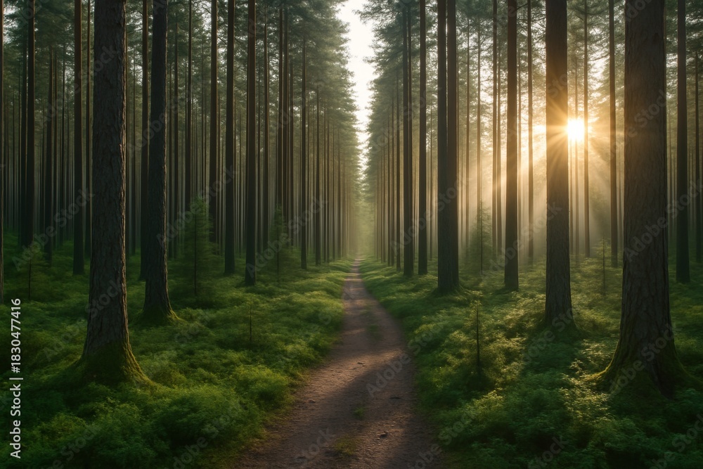 Fototapeta premium Serene forest landscape with sunrays shining through tall pine trees and a narrow path leading into the distance during sunrise. Ai generative. Ai generative