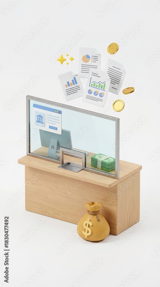 Fototapeta premium A meticulous depiction of an elegant bank counter, symbolizing financial transactions, secure banking, and fiscal management. Paperwork and currency underscore monetary activities.