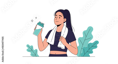 A smiling young woman in athletic wear holds a water bottle and has a towel draped over her shoulder, ready for or resting from a workout.