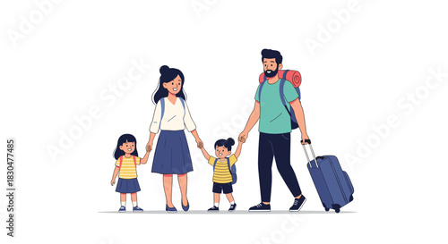 A cheerful family of four, featuring parents and two young children, walking hand-in-hand with travel gear, ready for vacation.