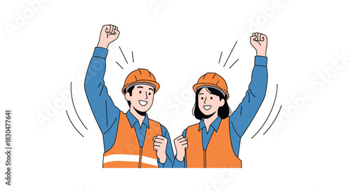 Happy male and female engineers or construction workers in safety gear cheering with raised fists, celebrating teamwork and achievement.