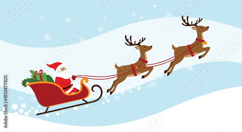 Jolly Santa Claus rides his red sleigh, pulled by two flying reindeer, through a beautiful snowy winter wonderland, delivering Christmas gifts.