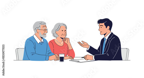 A senior couple consults with a male financial advisor about their future, discussing investments, retirement plans, or legal advice at a table.