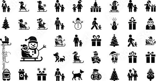 Christmas silhouette collection with snowmen, children, gifts, sleighs, dogs, and trees, festive winter holiday black vector illustration