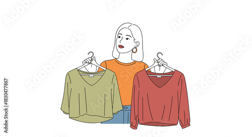 A young woman holds up two different colored v-neck blouses on hangers, contemplating her fashion choice or style decision.