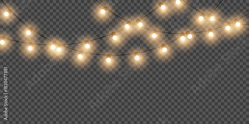 Vector Christmas lights garland with glowing colorful LED bulbs, perfect for festive decorations, holiday cards, winter banners, and cheerful seasonal designs.