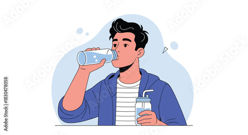 An illustration of a young man staying hydrated by drinking water from a reusable bottle, promoting a healthy and active lifestyle.