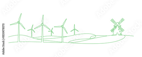 A seamless line sketch of wind turbines and a windmill amidst rolling hills. This captures the idea of green energy and renewable power in a simple linear format. Web banner. Vector graphic.