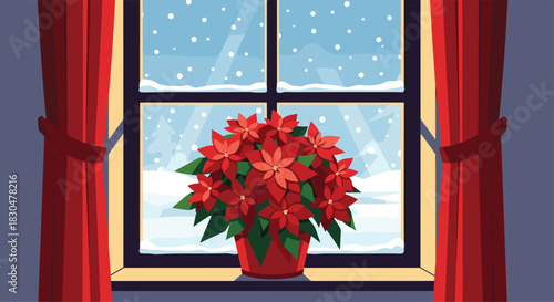 A vibrant red poinsettia plant rests on a window ledge, framed by cozy red curtains, overlooking a peaceful winter scene with falling snow.