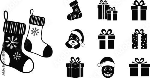 Christmas silhouette illustration with stockings, gift boxes, Santa faces, snowflake decorations, and festive winter holiday black vector design