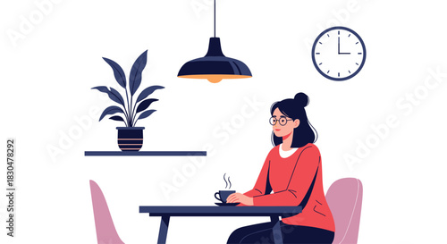 A young woman wearing glasses is enjoying a hot beverage at a table, with a plant and a clock in a modern minimalist setting.