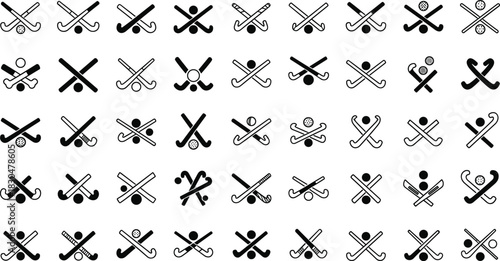 Collection of black and white field hockey icons showing crossed sticks, player silhouettes, and balls, vector illustration, minimalist sports symbol design