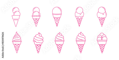A minimalistic vector illustration of ice cream on a stick and in a cone, outlined and isolated on a white backdrop. Great for creating holiday cards, presentations, websites, and menus.