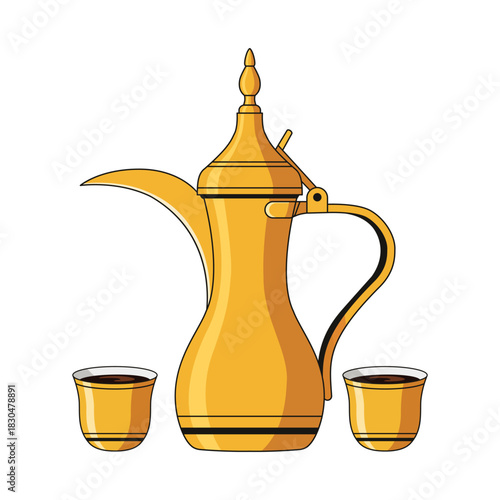 Arabian Coffee Pot Tradition Golden Dallah Cups Middle Eastern Culture Hospitality Arabic Design Vector Illustration
