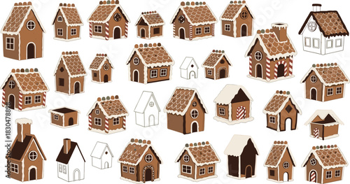 Collection of cute gingerbread houses with icing roofs and candy decorations, festive Christmas cookie village winter holiday illustration