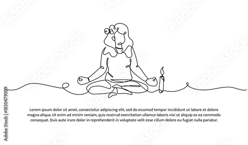 One line meditating woman is sitting in the candle. Abstract minimal continuous line isolated on white background.