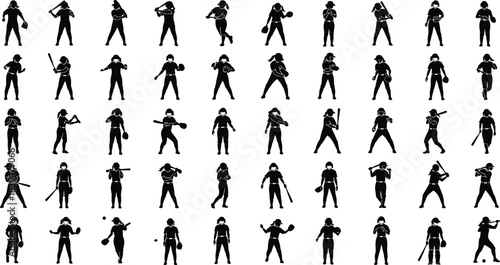 Collection of women baseball player silhouettes with bat, glove, and ball in various poses, vector sports illustration, athletic design elements