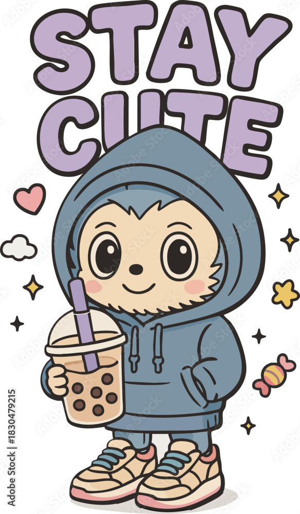 Naklejka premium Delightful cartoon character with charming bubble tea craving brings a trendy, cute, and playful vibe to your designs and social media posts
