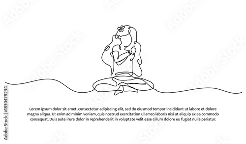 One line of woman taking care of her hair. Abstract minimal continuous line isolated on white background.