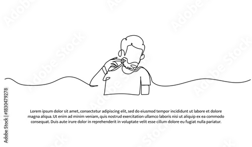 One line of a man is shaving his beard. Abstract minimal continuous line isolated on white background.