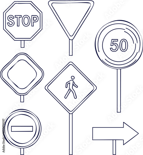 Essential road signs for safety and navigation including stop, yield, speed limit, pedestrian crossing, and direction, ideal for driver education