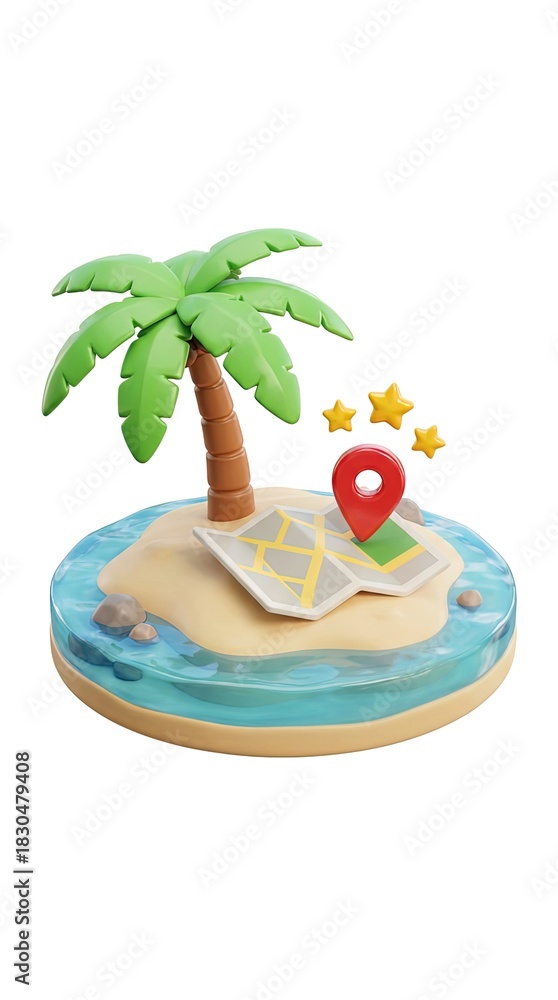 Obraz premium An enchanting illustration of a tropical island paradise complete with a palm tree, a map, and a location pin. Perfect for travel or vacation-themed projects.
