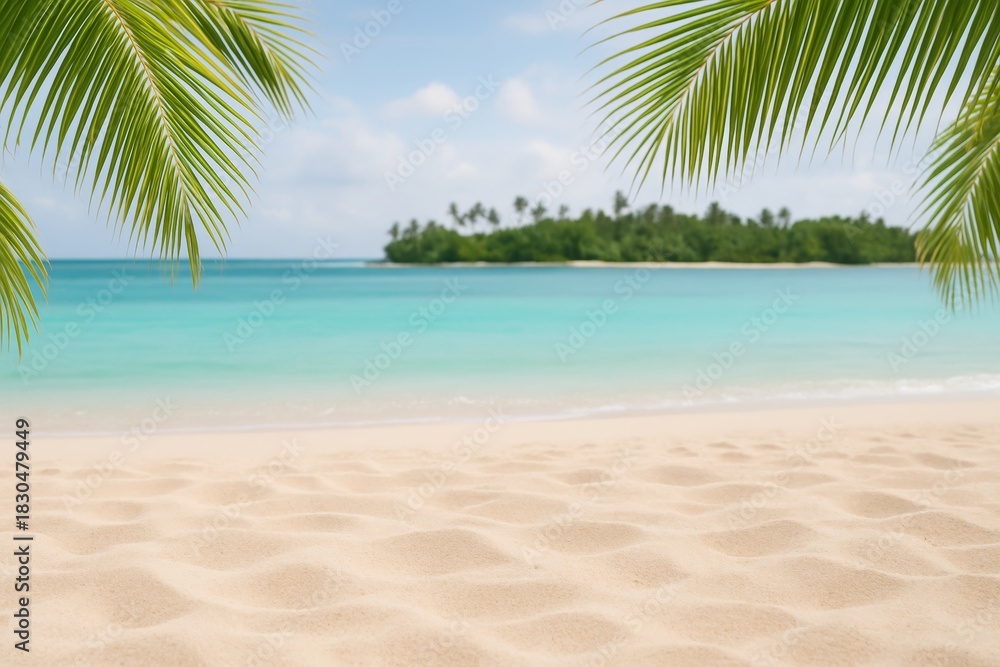 Fototapeta premium Tropical beach landscape with palm leaves and turquoise sea under blue sky, peaceful island concept under summer sunlight and serene setting. Ai generative