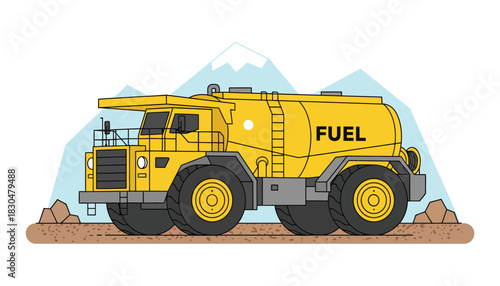 Heavy-Duty Yellow Fuel Tanker Truck Illustration for Mining and Construction Operations