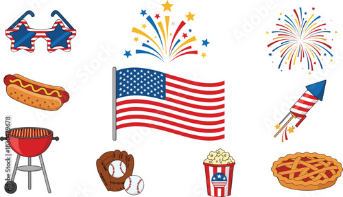 Fourth of July celebration icons with American flag, fireworks, barbecue, baseball, pie, and patriotic glasses, vector holiday illustration