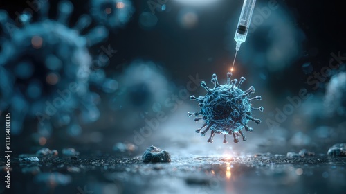 A close-up of a virus being injected with a syringe, symbolizing vaccination and medical research, with a blurred background.