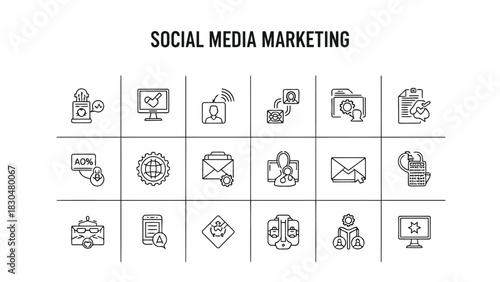 Vector illustration of collection of social media marketing icons, representing various aspects of digital strategy and online presence