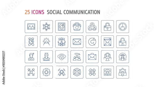 Vector illustration of social communication icons on, a collection of 25 icons representing various aspects of social interaction and communication
