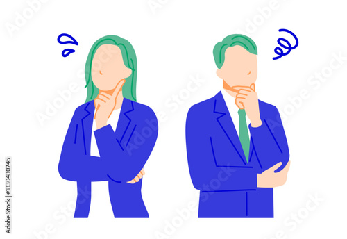 悩んでいる表情のビジネスパーソンの男女のイラスト。フラットデザイン。