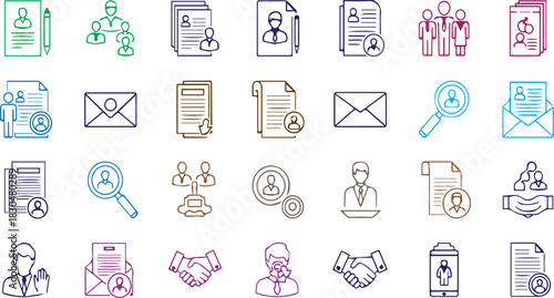 Pixelated icons representing human resources management and recruitment processes online on transparent background
