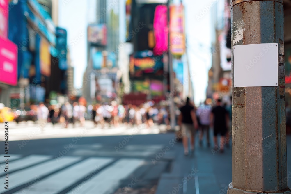 Obraz premium Blurred City Street Background with Blank White Poster Mockup on Rusty Pillar in Shallow Depth of Field, ideal for advertising and urban design overlay.