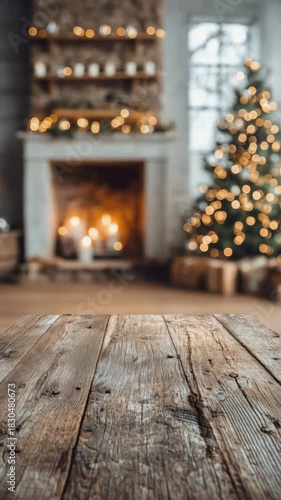 Empty wooden tabletop in foreground with blurred background of stone fireplace with burning fire and glowing decorated Christmas tree