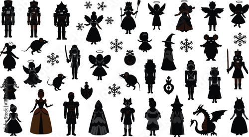 Nutcracker Christmas fantasy silhouettes with toy soldiers, angels, fairies, mice, princesses, wizard, and dragon, festive winter holiday vector illustration