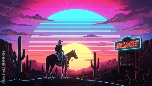 Retro Neon Wild West Scene A cowboy on horseback in a vibrant desert under a synthwave sunset with glowing cacti and a saloon sign
