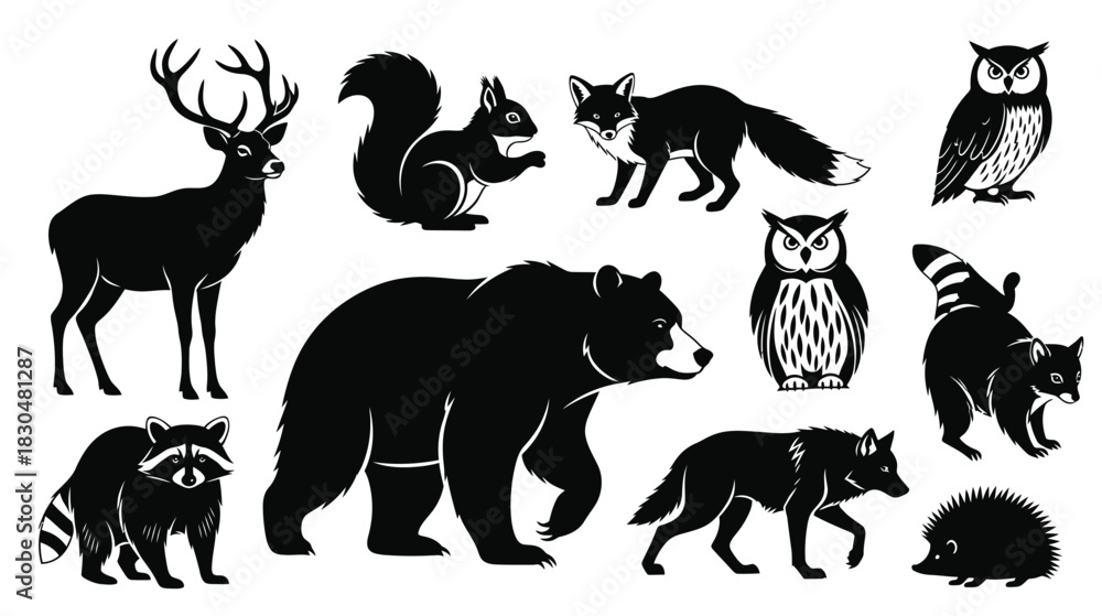Fototapeta premium Collection of black silhouette woodland animals in various poses for design