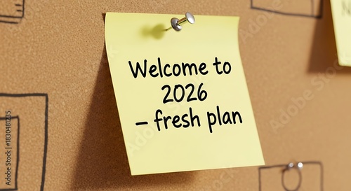 Yellow sticky note with welcome to 2026 fresh plan on board