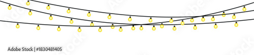 Three strands of yellow string lights hanging against a white background in a festive arrangement , glowing holiday lights garland bulbs, twinkling fairy lights glow