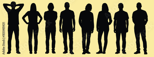 Diverse group of silhouetted people standing together against a white background