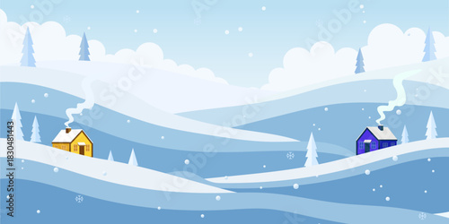Cozy Winter Scene Houses in Snowy Landscape Smoke Snowflakes Flat Design Vector Illustration Winter Holiday Christmas